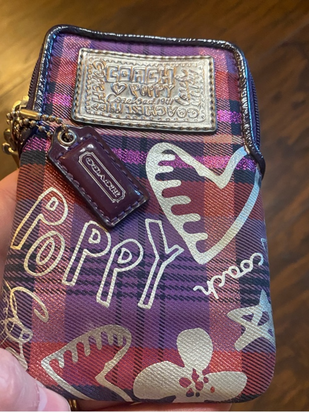 Coach Purple Plaid Poppy Phone Pouch with Zip and Tag